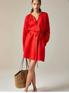 J. Crew Crimson Red V-Neck Midi Dress with Tie Waist
